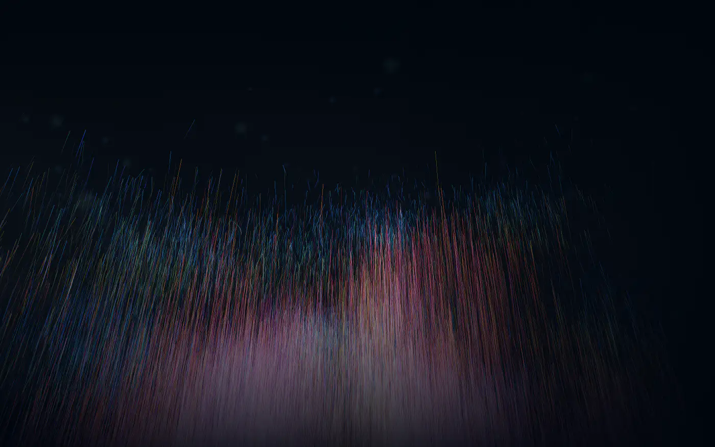 Threads of light rising from each form; most slow and stop below the line.